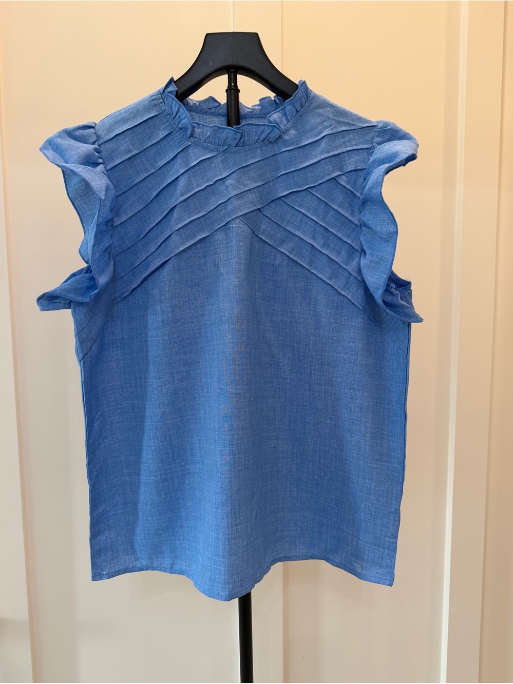 Sleeveless Blue Pleated Yoke Blouse #381